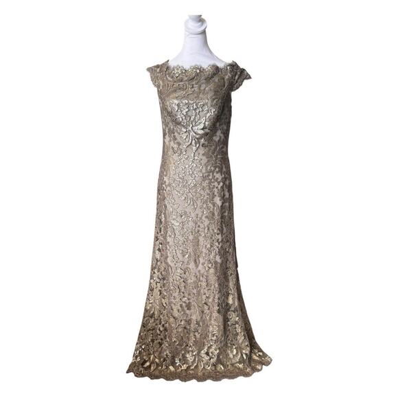 Tadashi Shoji Dresses & Skirts - Tadashi Shoji Size 6 Paillette Embroidered Lace Gown Off Shoulder Champagne